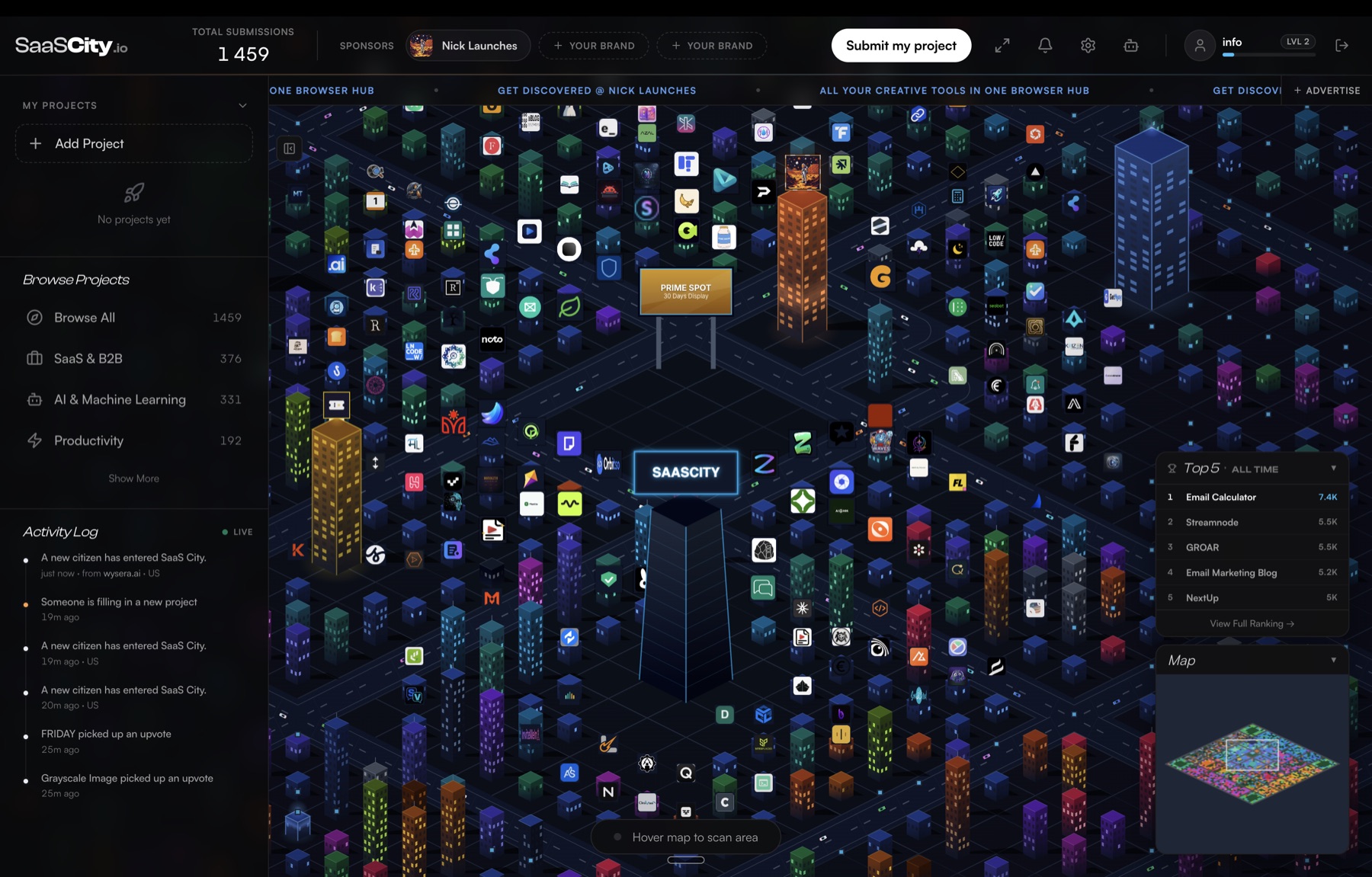 The SaaS City map: hundreds of product logos drawn as buildings on a dark isometric grid, with a sidebar showing 1,459 total submissions and category counts, a live activity log, and an all-time top five ranking.